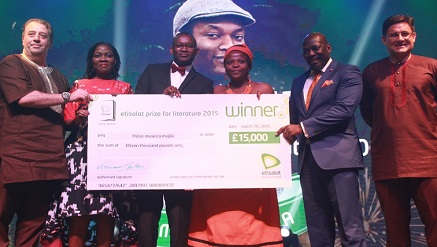 ‎Chief Marketing Officer, Etisalat Nigeria, Francesco Angelone; Etisalat Prize for Literature Judge, Molara Woods; Winner, 2015 Etisalat Prize for Literature, Fiston Mwanza Mujila; Etisalat Prize for Literature Judge, Zukiswa Wanner; the Chair of Judges, Etisalat Prize for Literature, Prof. Ato Quayson and the Chief Executive Officer, Etisalat Nigeria, Matthew Willsher with the cheque of 15,000 BP presented to Mujila at the Awards Ceremony of the 2015 Etisalat Prize for Literature in Lagos at the weekend.